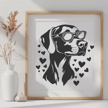 A vector illustration of a Weimaraner dog breed with heart shapes surrounding it.