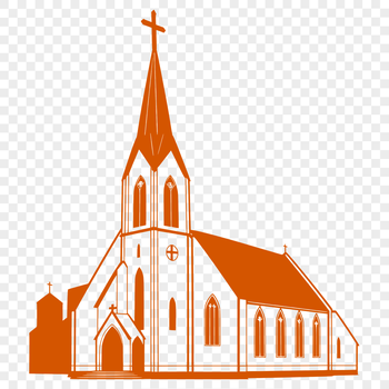 A detailed illustration of a traditional Protestant church building with architectural features.
