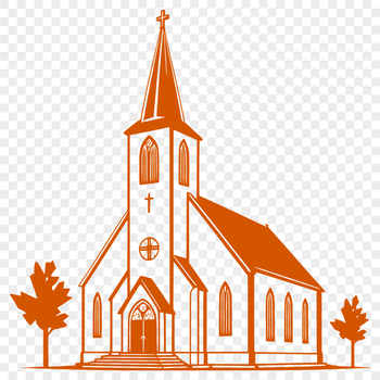 A stylized illustration of a traditional Protestant church building with Gothic architectural elements.