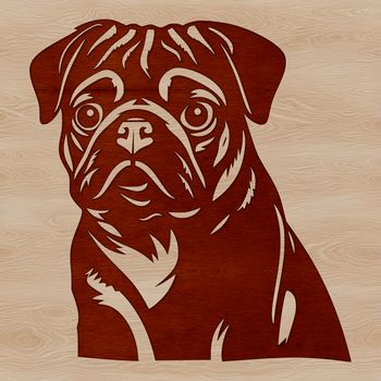 A close-up illustration of a pug's head, featuring its distinctive wrinkles and facial expression.