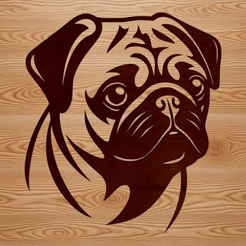 A close-up illustration of a dog's head with wrinkled skin and curled tail.