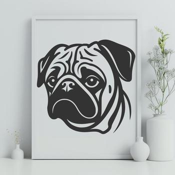 A stylized illustration of a pug's head, designed as vector art for various uses including clip art and commercial projects.