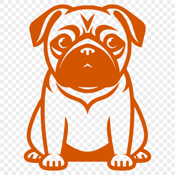 A simple line drawing of a full-bodied pug sitting on its haunches.