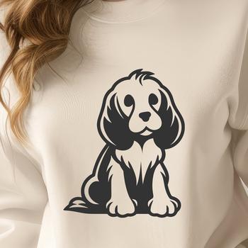 A full-body illustration of a sitting Cocker Spaniel breed dog with its face turned slightly to the side.