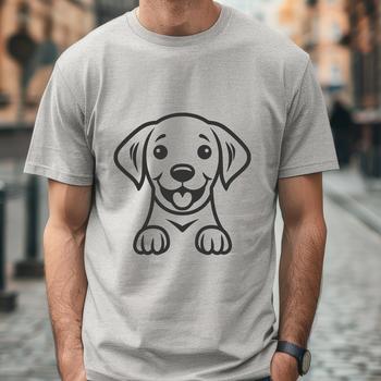 A simple line drawing of a dog's head with floppy ears and a wagging tongue.