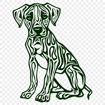 A large breed dog with a muscular build and floppy ears sits on the ground.
