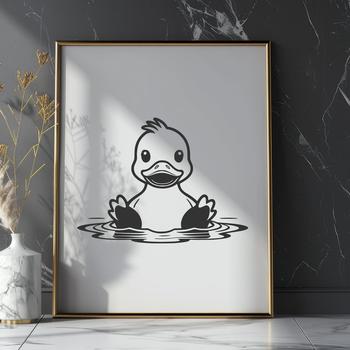 A simple line art illustration of a duck in various poses and styles.