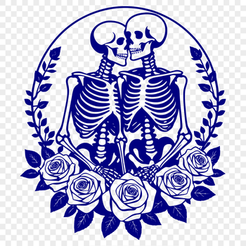 A floral arrangement featuring a skeleton holding a bouquet of roses, suitable for Valentine's Day designs.