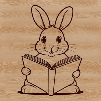 A cartoon rabbit sitting with a book in paws.