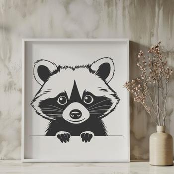 A raccoon peeking out from behind a tree, depicted as a simple vector illustration.