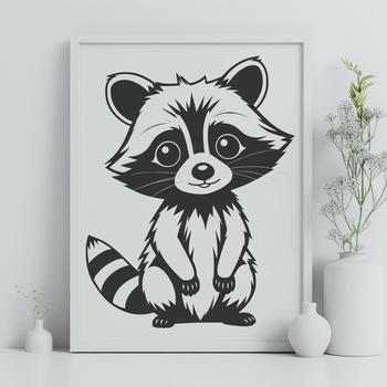 A stylized illustration of a raccoon with bold lines and simple shapes.