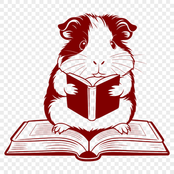 An illustration of a guinea pig sitting on a cushion with a book, suggesting a pet that loves to read.