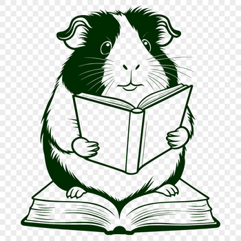 A cartoon guinea pig sitting on a cushion with an open book in front of it.