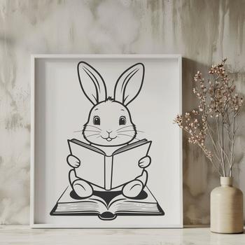 An illustration of a rabbit in full body pose, seated with a book, ready for various design applications.