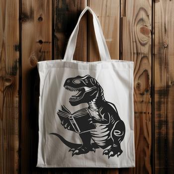 A prehistoric dinosaur, specifically a T Rex, standing upright with its head bent down as if reading a book.