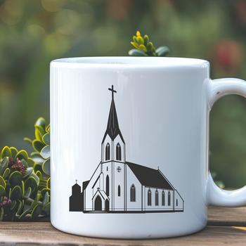 A stylized illustration of a traditional Protestant church building with a distinctive steeple.