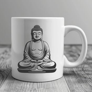 A stylized illustration of the Buddha in a seated meditation pose.