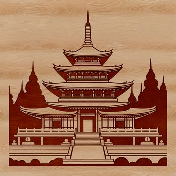 Illustrative Buddhist temple with intricate details and architectural elements in vector format.