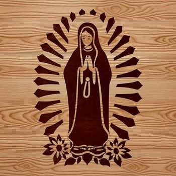 A regal illustration of the Virgin Mary surrounded by ornate floral patterns.