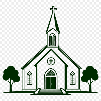 A 2D illustration of a traditional Baptist church building with a simple design.