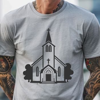 Simple SVG illustration of a traditional Baptist church building with a steeple and entrance.