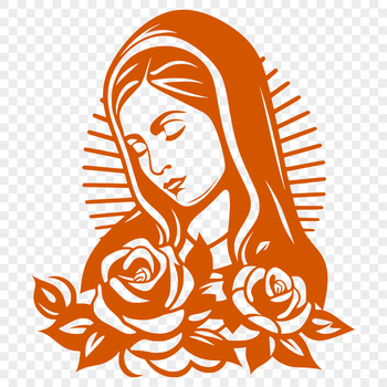Ornate illustration of Our Lady of Guadalupe in traditional attire.