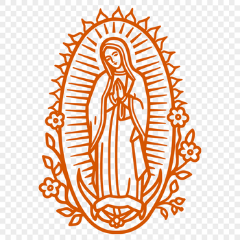 A stylized illustration of the Virgin Mary with ornate details and floral patterns surrounding her.