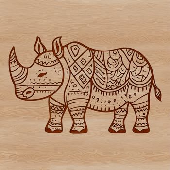 A large black and white illustration of a rhinoceros in a natural habitat setting.