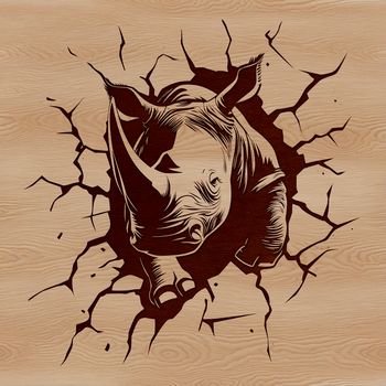 A large gray rhino running with force, smashing through a stone wall.