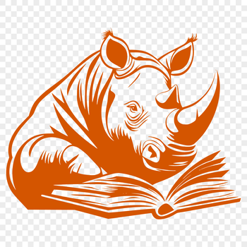 A portrait of a safari animal, a rhino, reading a book in a natural habitat.