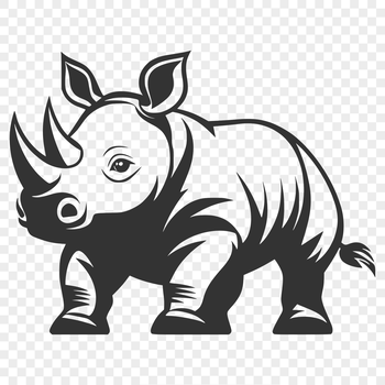 A stylized illustration of a rhino in a savannah landscape.
