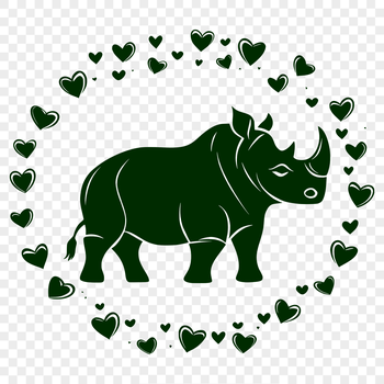 A stylized illustration of a rhinoceros with red love hearts scattered around its body.