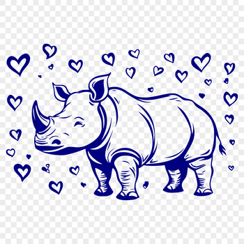 A large grey rhino with a playful expression, decorated with heart shapes in various colors.