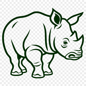 A simple line drawing of a cute rhino standing upright in a safari setting.