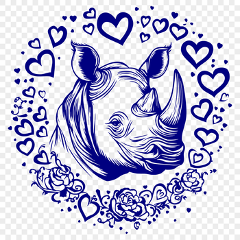 A rhinoceros standing on a grassy plain, symbolized by red love hearts surrounding its body.
