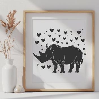 A detailed illustration of a rhino with heart shapes surrounding its body.