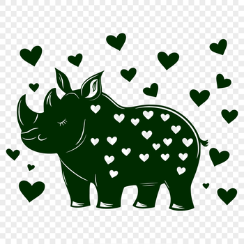 An illustration of a rhino with hearts surrounding its body.