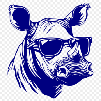 A large African rhinoceros wearing trendy sunglasses in a savannah setting.