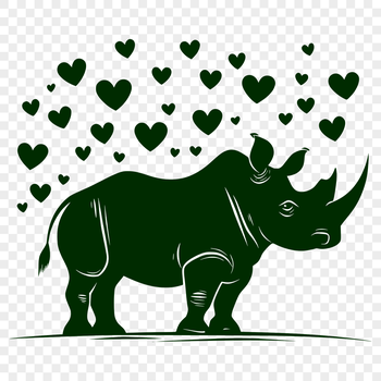 A digital illustration of a rhino with heart symbols surrounding its body.