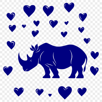 A vector graphic illustration of a rhinoceros in a simple design with love hearts surrounding its body.