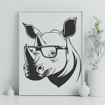 A rhino wearing glasses in a safari setting.