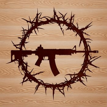 A detailed illustration of a modern assault-style rifle with sharp thorns protruding from its body.
