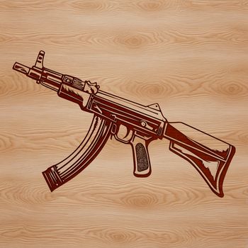 A detailed illustration of a rifle with metallic components and wooden stock.