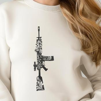 A detailed illustration of a modern assault-style rifle with a focus on its design features.