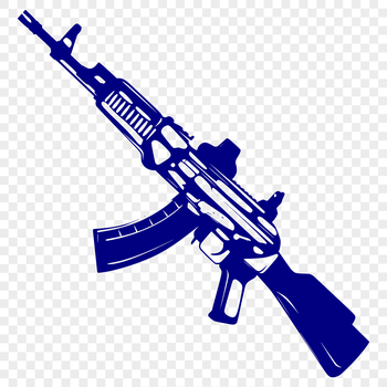 A detailed illustration of a military-style assault rifle with a foldable stock and magazine.
