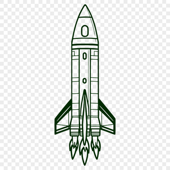 A detailed illustration of a futuristic spaceship in various stages of flight.