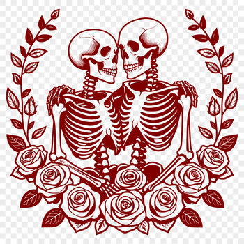 A pair of skeleton figures holding hands, surrounded by floral elements including a rose.