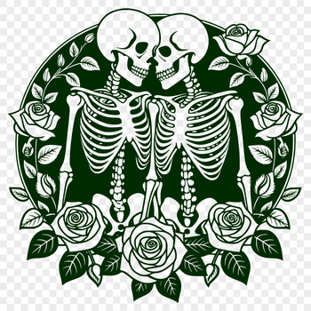 A playful skeleton couple surrounded by a wreath of roses, suitable for Valentine's Day decorations.
