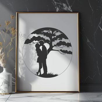 An iconic vector design featuring a stylized tree embracing lovers in a tender moment.