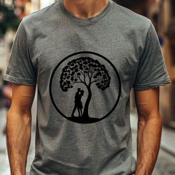 A stylized illustration of two figures embracing under the branches of a tree, conveying love and affection.